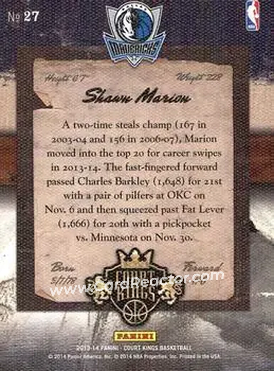 2013-14 Panini Court Kings #27 - Shawn Marion - Dallas Mavericks - Back