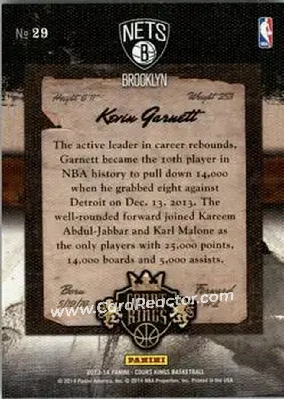 2013-14 Panini Court Kings #29 - Kevin Garnett - Brooklyn Nets - Back