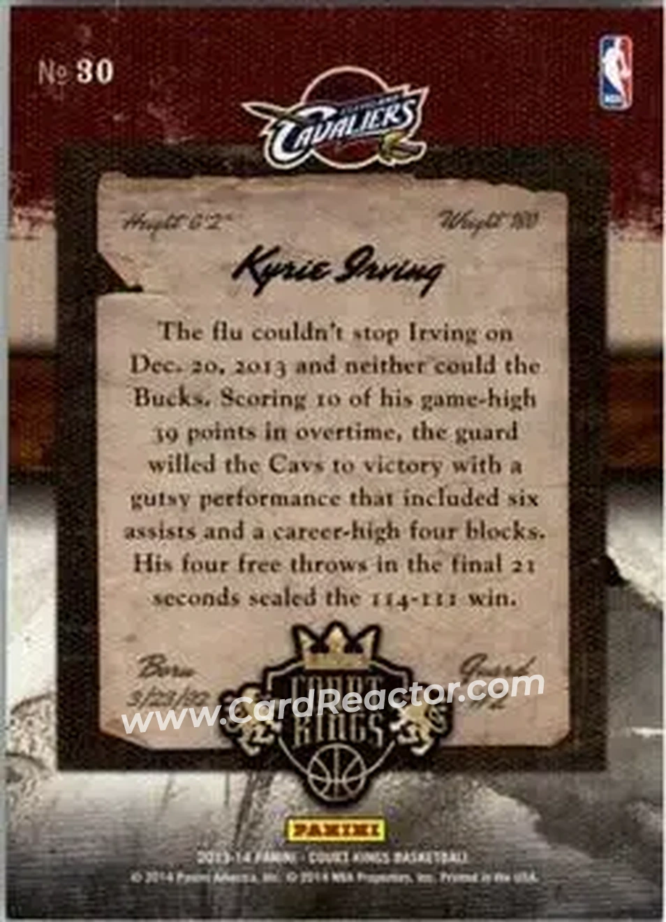 2013-14 Panini Court Kings #30 - Kyrie Irving - Cleveland Cavaliers - Back