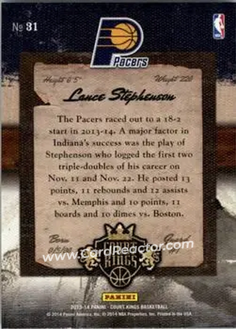 2013-14 Panini Court Kings #31 - Lance Stephenson - Indiana Pacers - Back