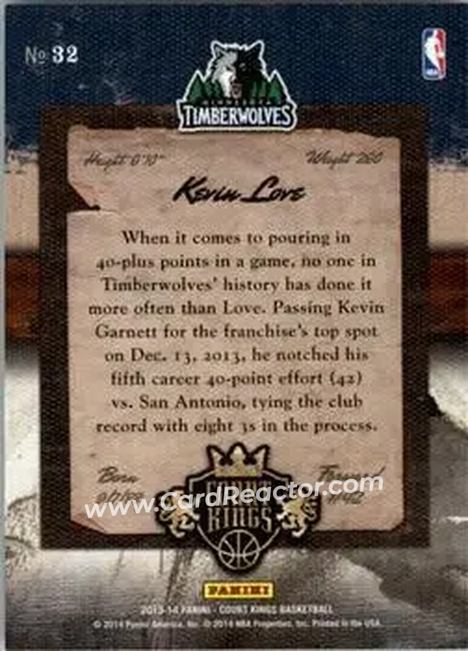 2013-14 Panini Court Kings #32 - Kevin Love - Minnesota Timberwolves - Back 2013-14 Panini Court Kings #32 - Kevin Love - Minnesota Timberwolves - Back