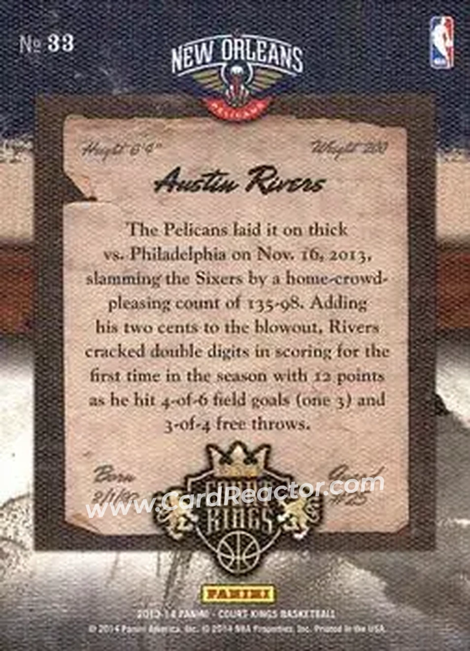 2013-14 Panini Court Kings #33 - Austin Rivers - New Orleans Pelicans - Back