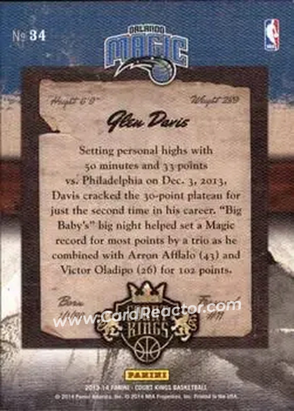 2013-14 Panini Court Kings #34 - Glen Davis - Orlando Magic - Back 2013-14 Panini Court Kings #34 - Glen Davis - Orlando Magic - Back