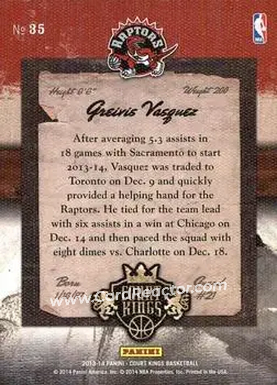 2013-14 Panini Court Kings #35 - Greivis Vásquez - Toronto Raptors - Back