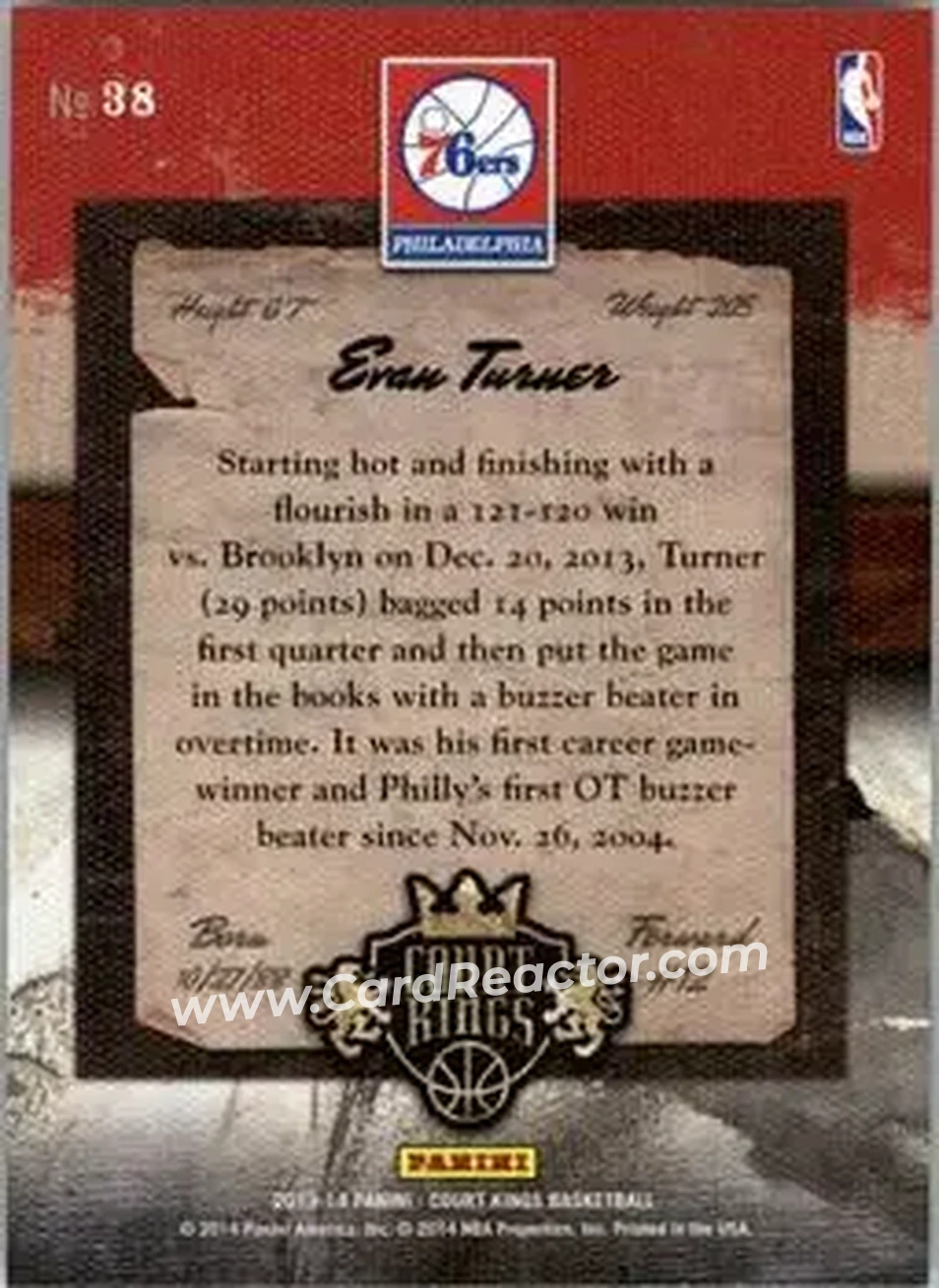 2013-14 Panini Court Kings #38 - Evan Turner - Philadelphia 76ers - Back
