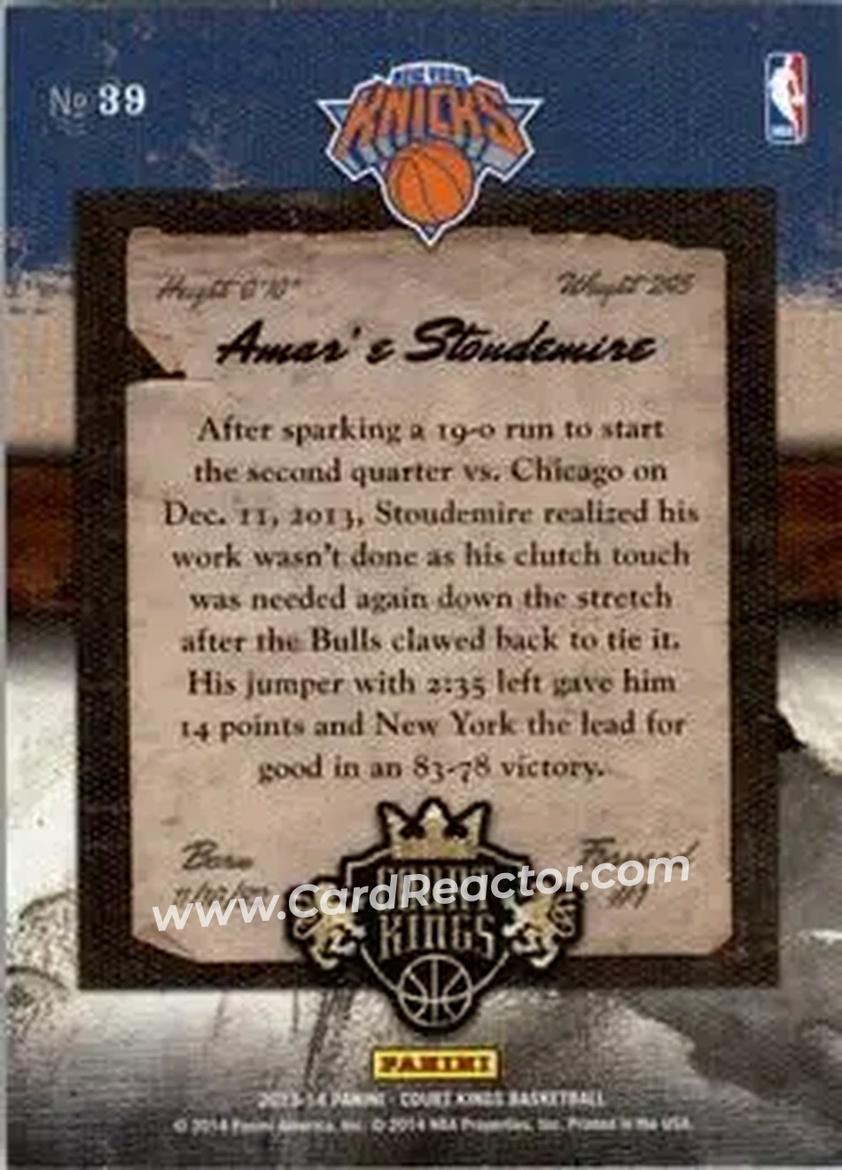 2013-14 Panini Court Kings #39 - Amar'e Stoudemire - New York Knicks - Back