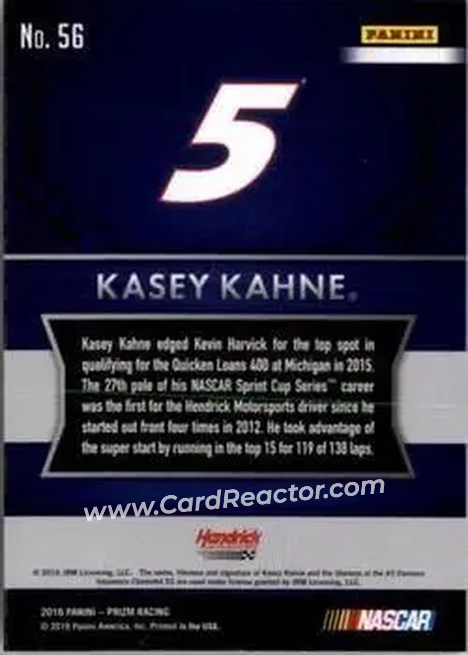 2016 Panini Prizm #56 - Kasey Kahne - Hendrick Motorsports - Back