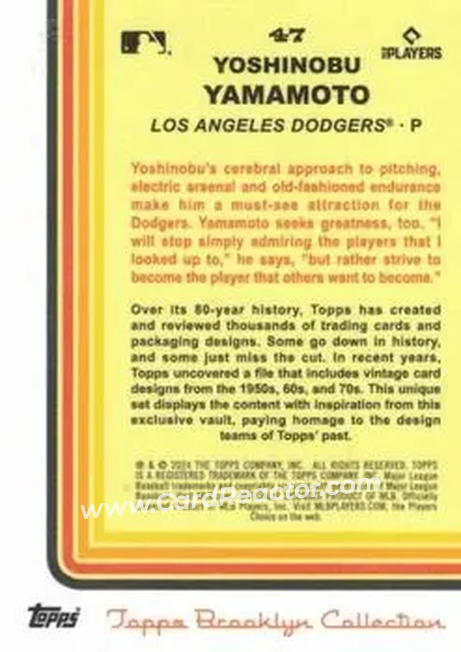 2024 Topps Brooklyn Collection - Chartreuse #47 - Yoshinobu Yamamoto - Los Angeles Dodgers - Back