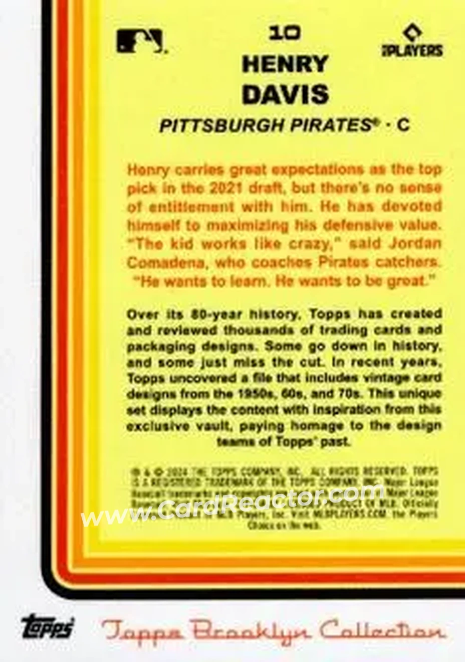 2024 Topps Brooklyn Collection - Gold #10 - Henry Davis - Pittsburgh Pirates - Back