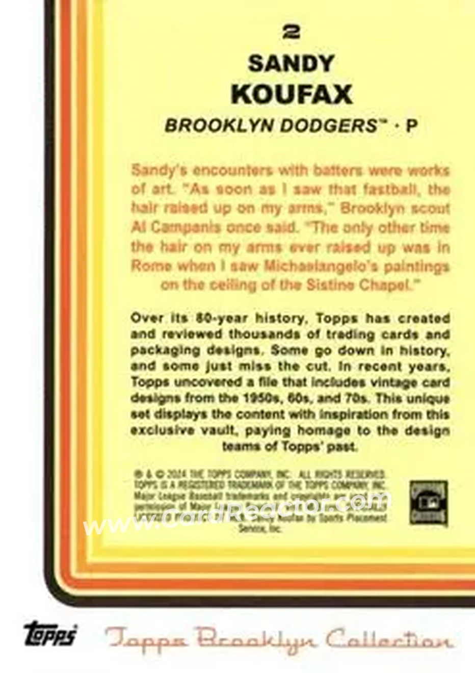 2024 Topps Brooklyn Collection - Orange #2 - Sandy" Koufax - Brooklyn Dodgers - Back