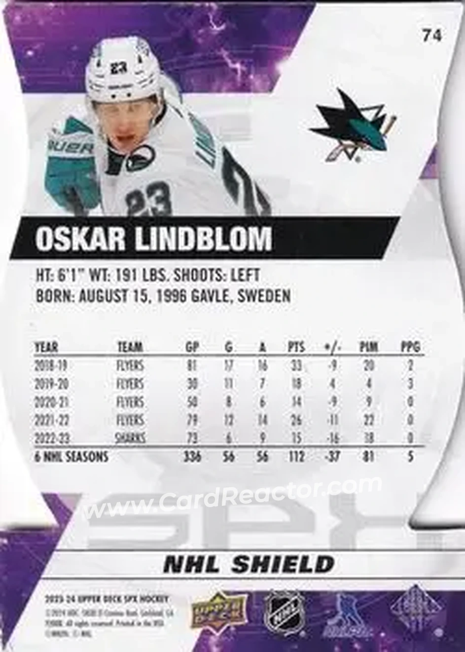 2023-24 SPx - NHL Shield Hologram Die Cut #74 - Oskar Lindblom - San Jose Sharks - Back 2023-24 SPx - NHL Shield Hologram Die Cut #74 - Oskar Lindblom - San Jose Sharks - Back
