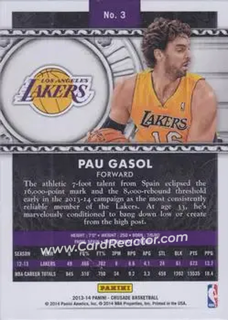 2013-14 Panini Crusade #3 - Pau Gasol - Los Angeles Lakers - Back 2013-14 Panini Crusade #3 - Pau Gasol - Los Angeles Lakers - Back
