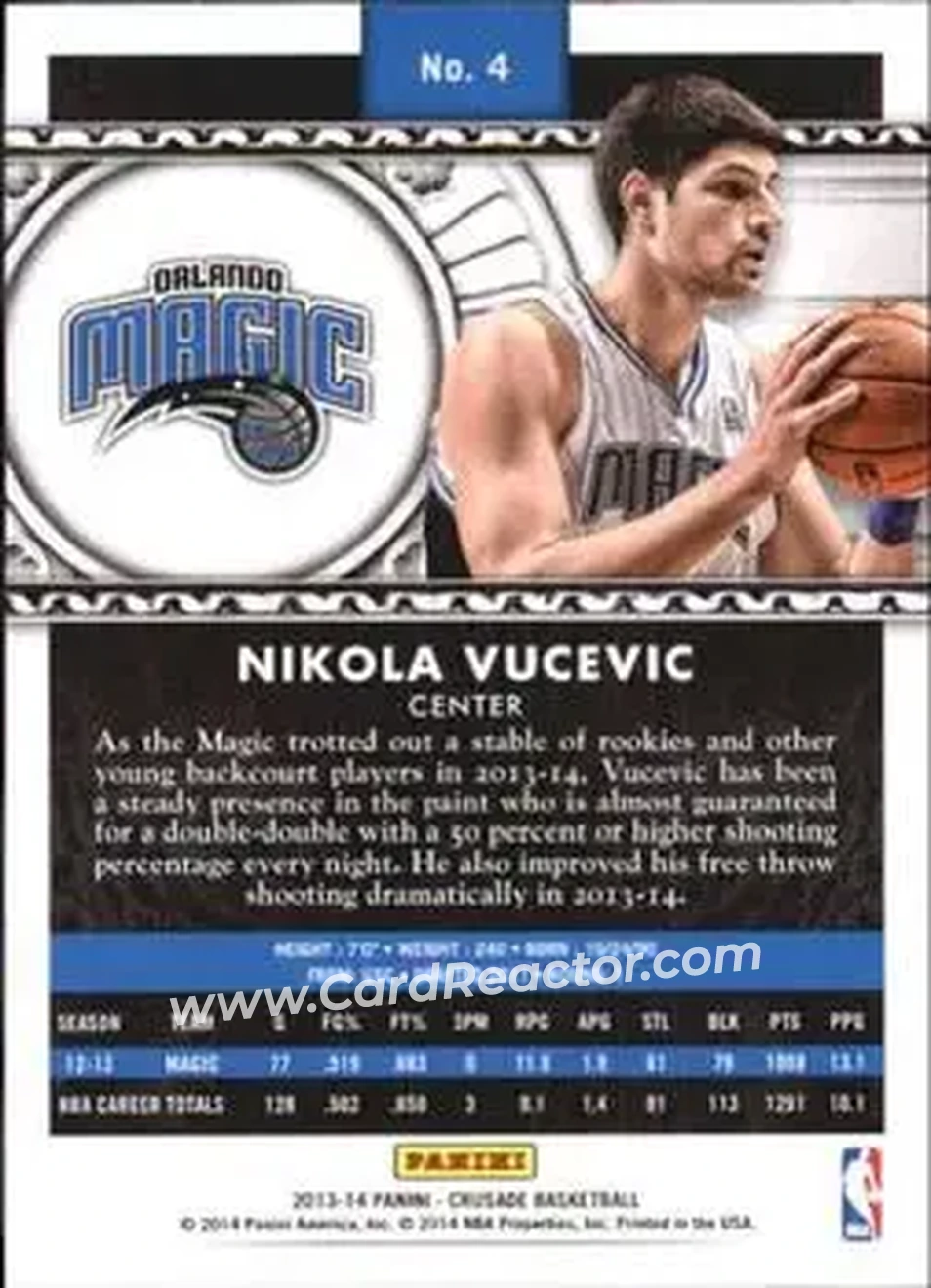 2013-14 Panini Crusade #4 - Nikola Vučević - Orlando Magic - Back 2013-14 Panini Crusade #4 - Nikola Vučević - Orlando Magic - Back