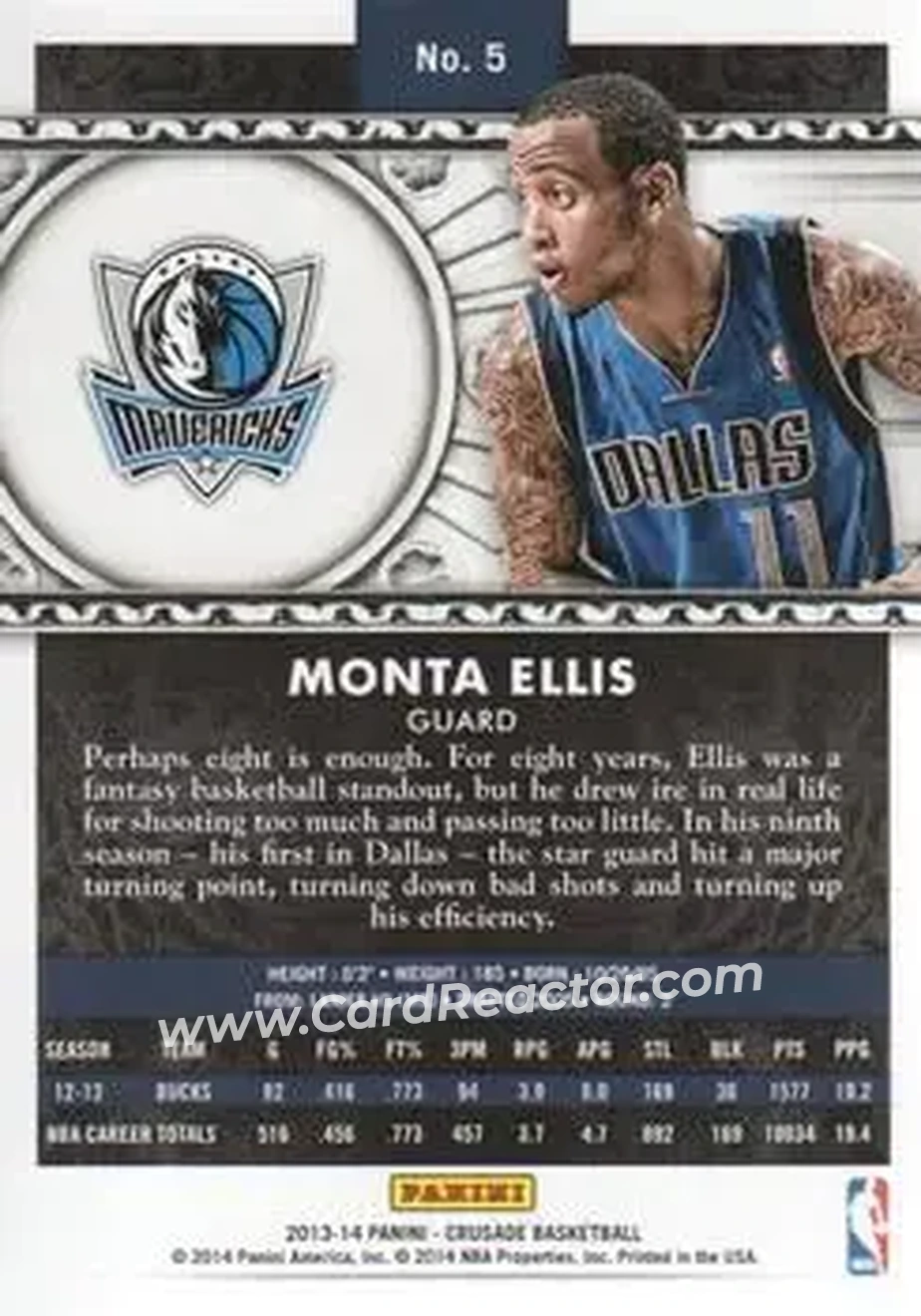 2013-14 Panini Crusade #5 - Monta Ellis - Dallas Mavericks - Back