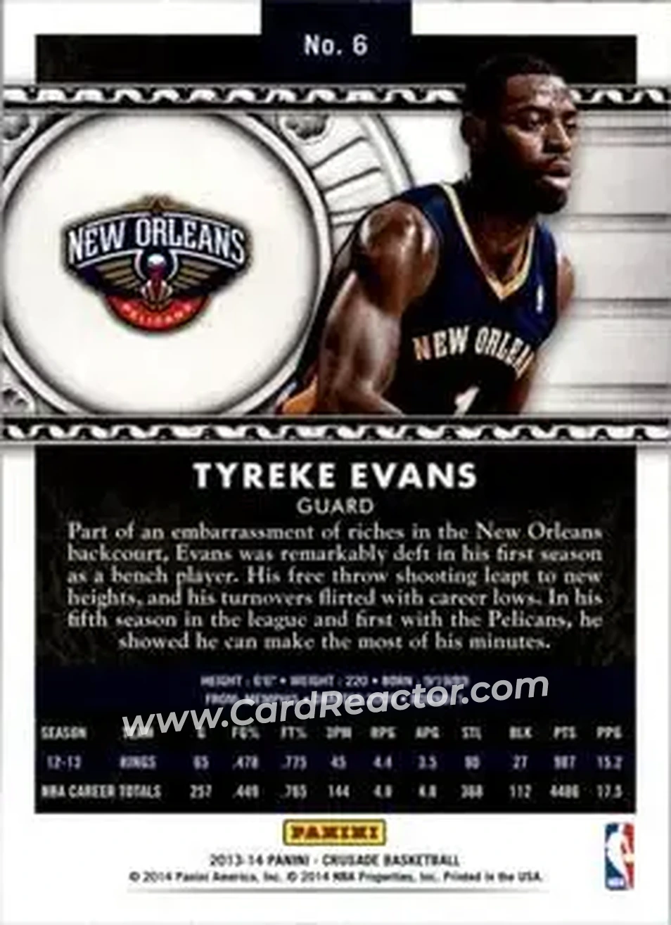 2013-14 Panini Crusade #6 - Tyreke Evans - New Orleans Pelicans - Back