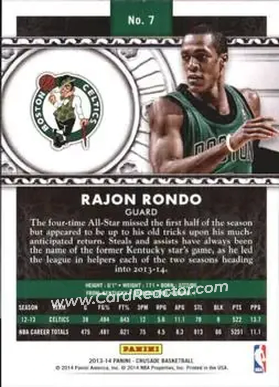 2013-14 Panini Crusade #7 - Rajon Rondo - Boston Celtics - Back 2013-14 Panini Crusade #7 - Rajon Rondo - Boston Celtics - Back