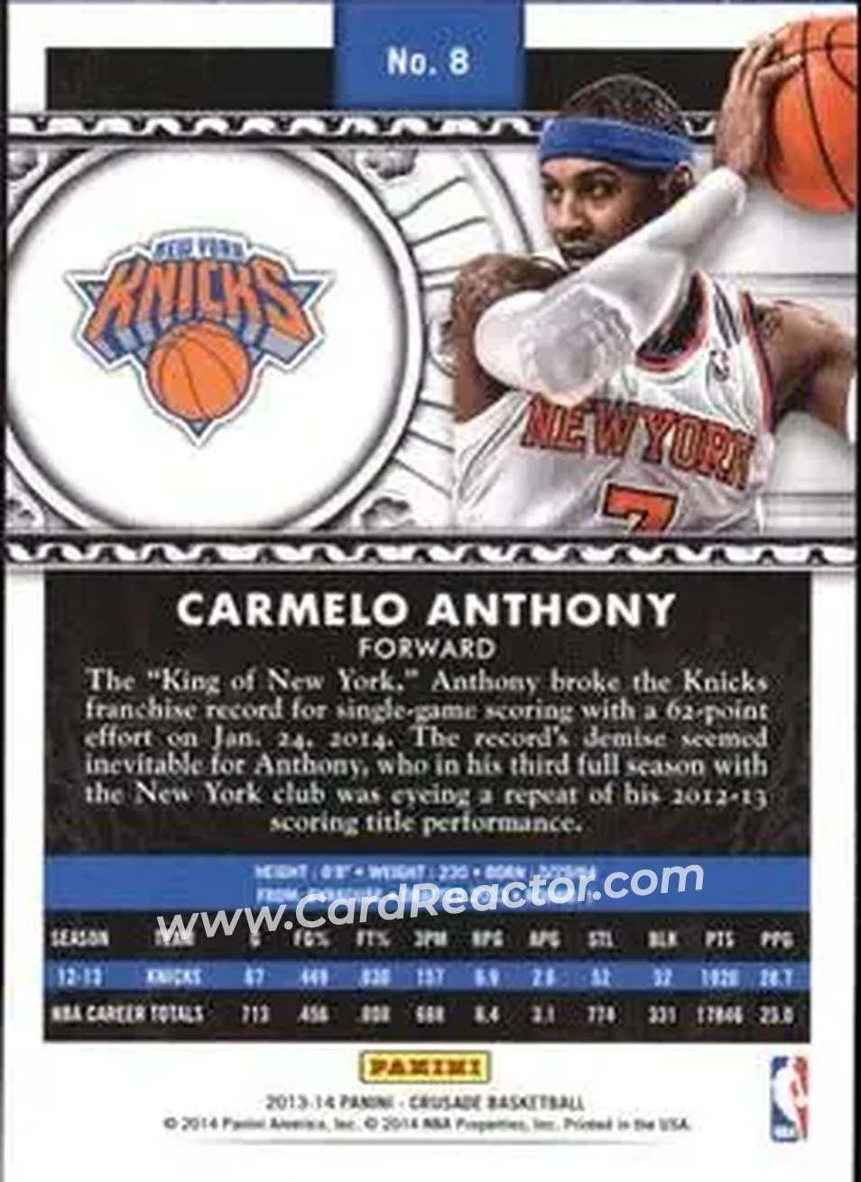 2013-14 Panini Crusade #8 - Carmelo Anthony - New York Knicks - Back
