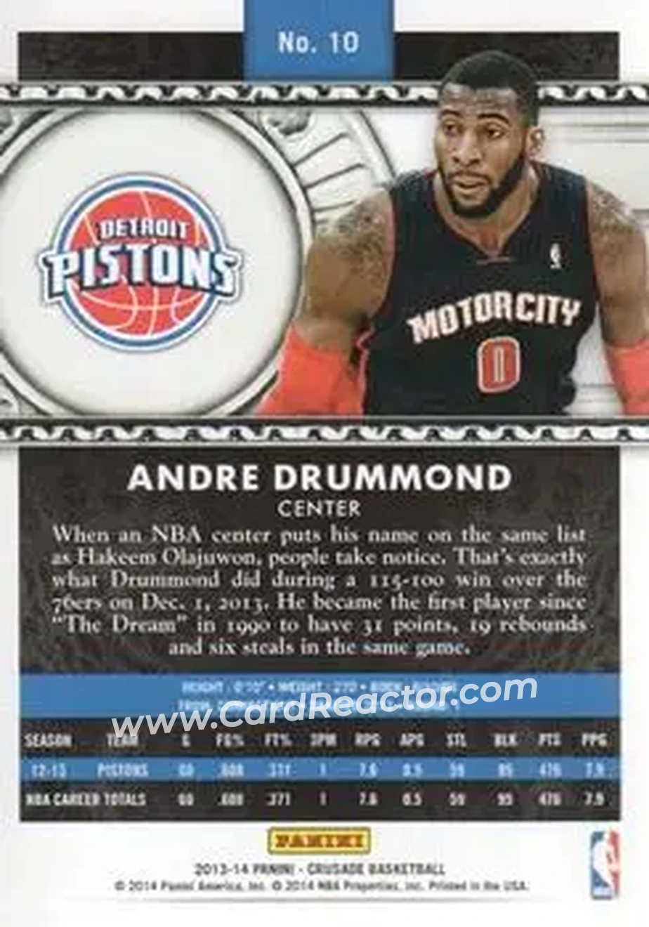 2013-14 Panini Crusade #10 - Andre Drummond - Detroit Pistons - Back