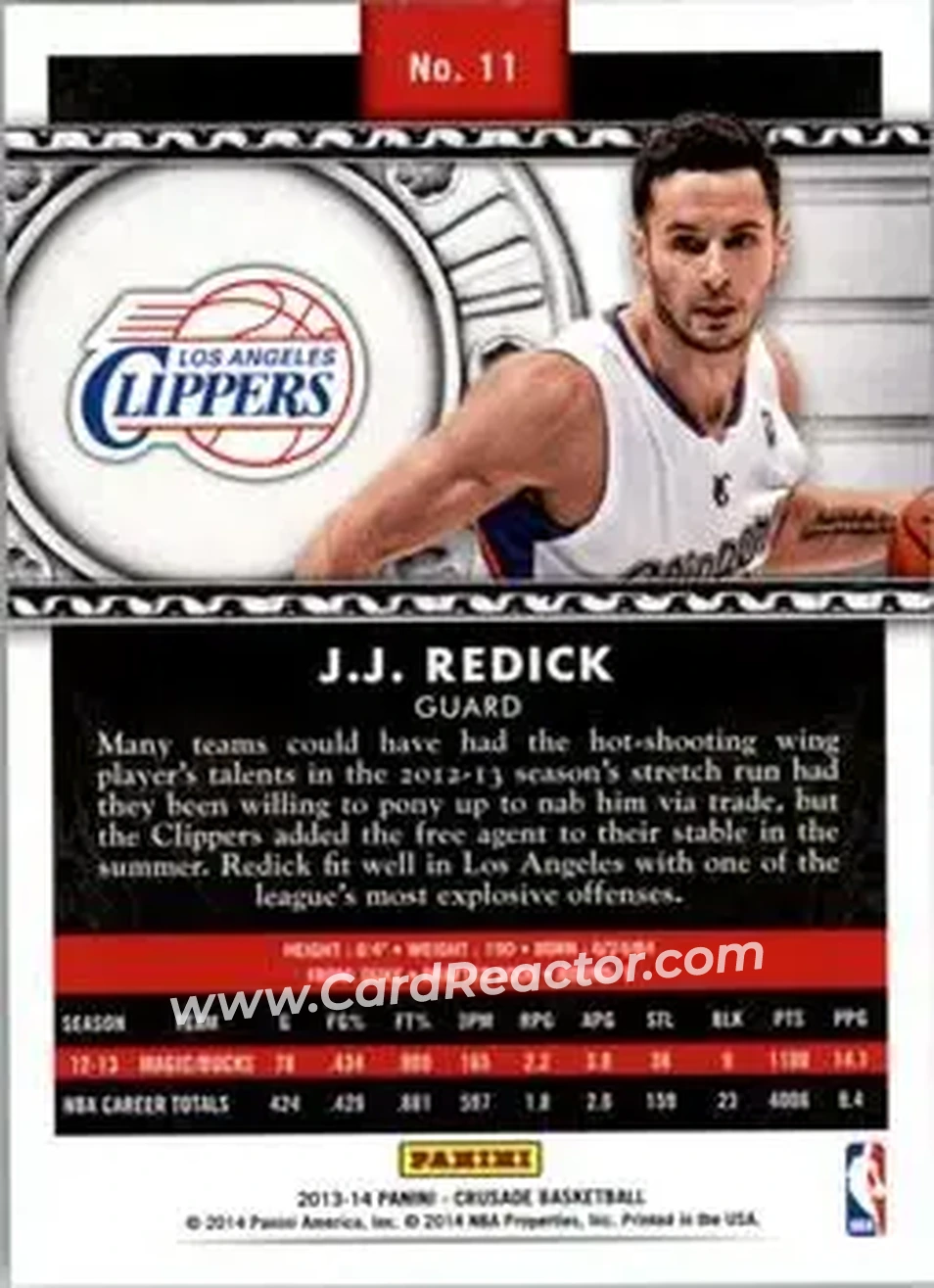 2013-14 Panini Crusade #11 - JJ Redick - Los Angeles Clippers - Back 2013-14 Panini Crusade #11 - JJ Redick - Los Angeles Clippers - Back
