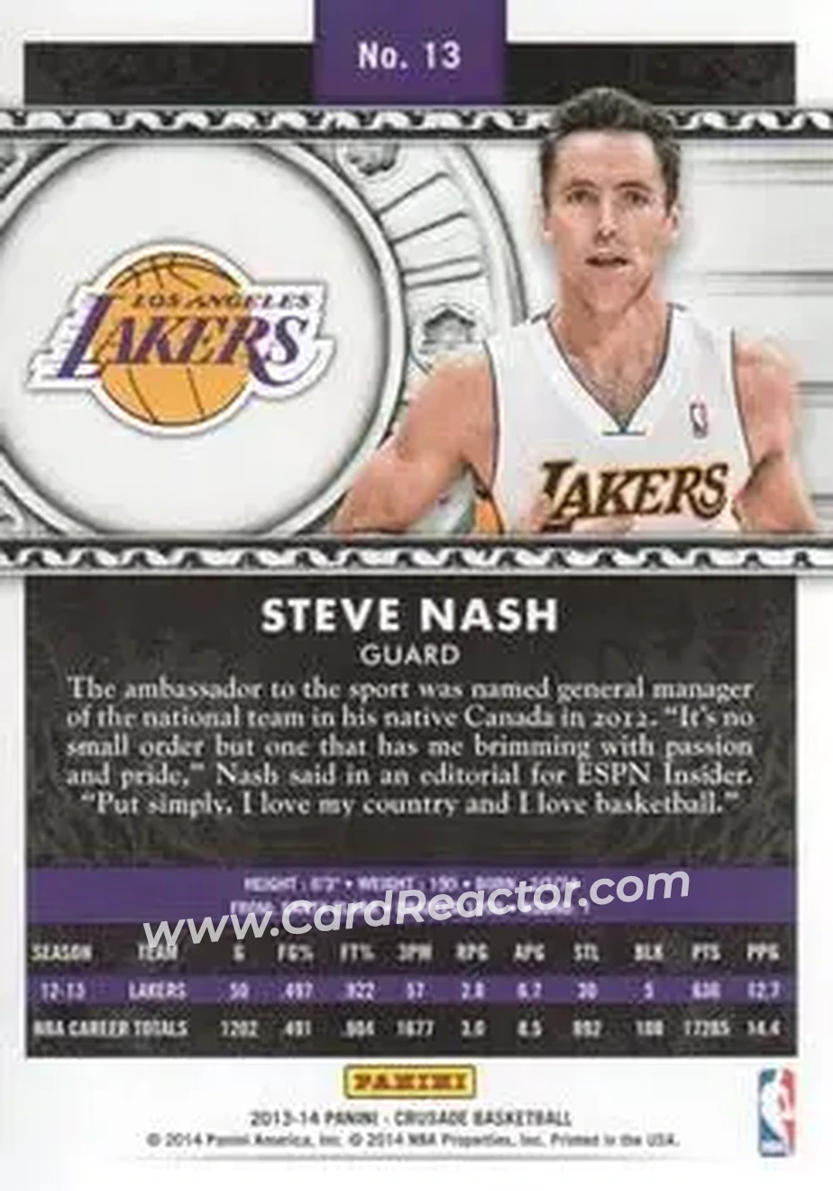2013-14 Panini Crusade #13 - Steve Nash - Los Angeles Lakers - Back 2013-14 Panini Crusade #13 - Steve Nash - Los Angeles Lakers - Back