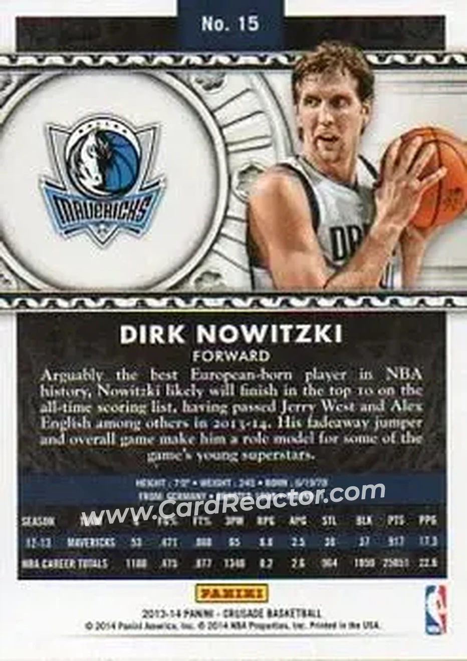 2013-14 Panini Crusade #15 - Dirk Nowitzki - Dallas Mavericks - Back 2013-14 Panini Crusade #15 - Dirk Nowitzki - Dallas Mavericks - Back