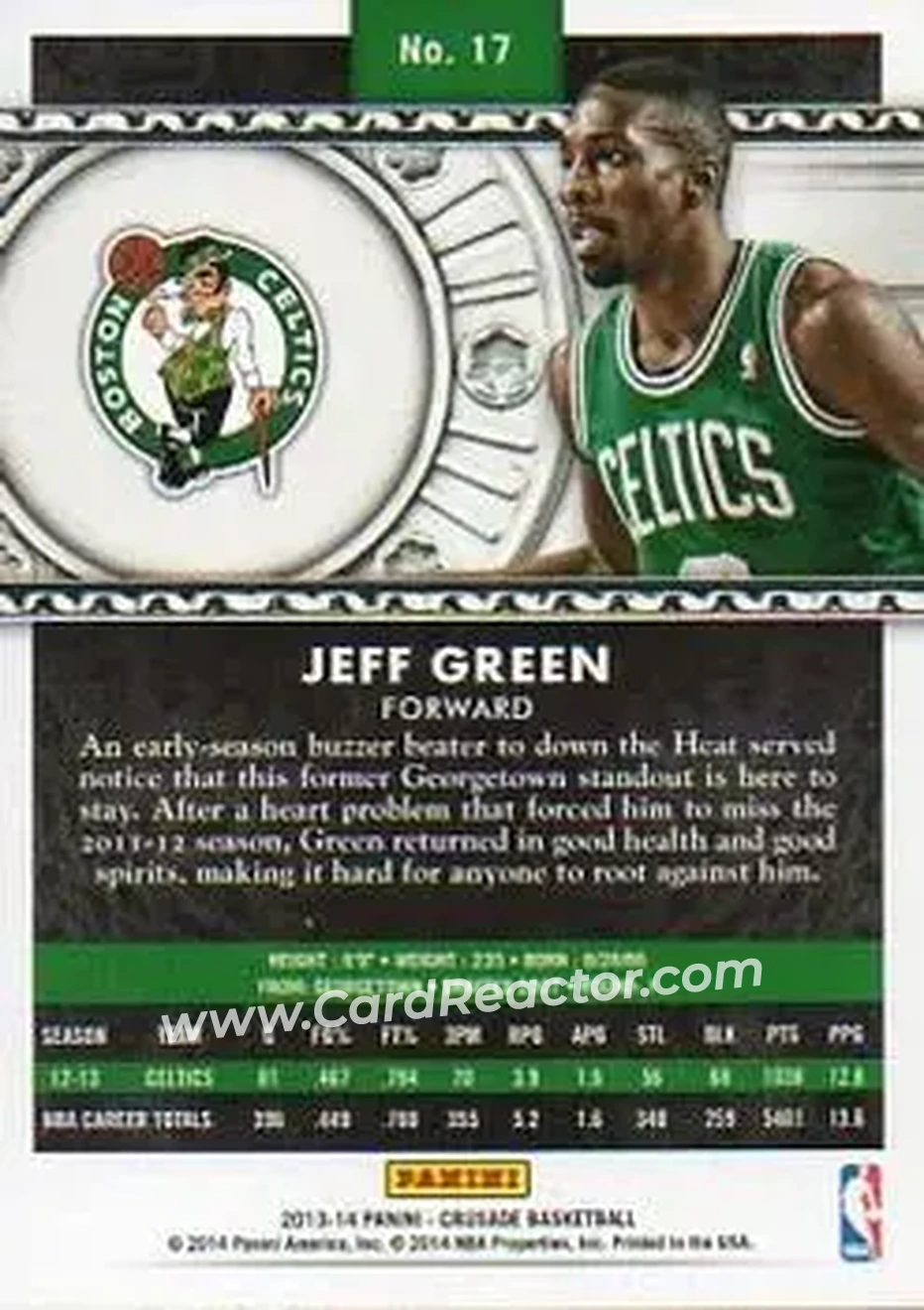 2013-14 Panini Crusade #17 - Jeff Green - Boston Celtics - Back
