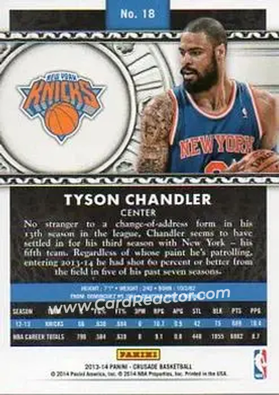 2013-14 Panini Crusade #18 - Tyson Chandler - New York Knicks - Back
