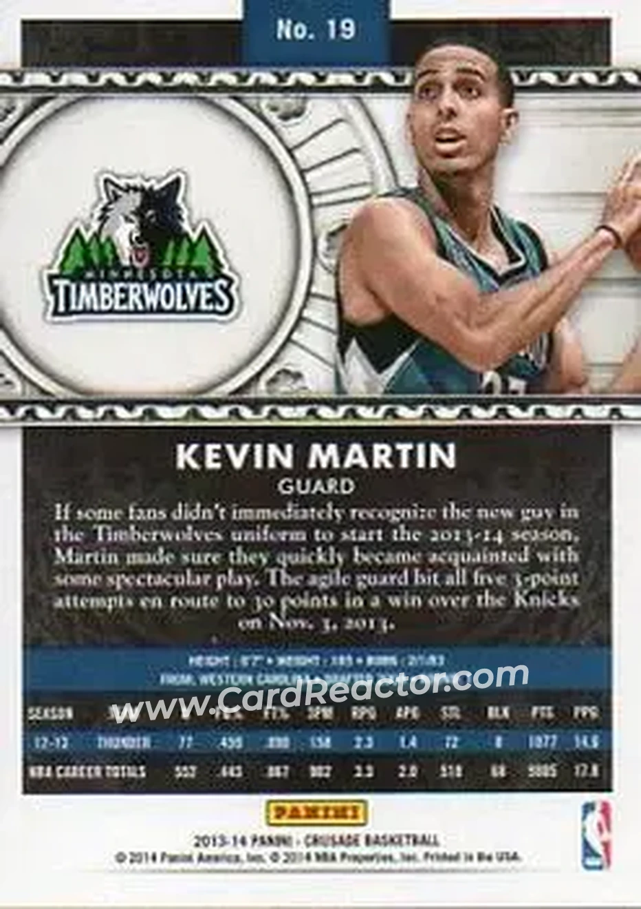 2013-14 Panini Crusade #19 - Kevin Martin - Minnesota Timberwolves - Back 2013-14 Panini Crusade #19 - Kevin Martin - Minnesota Timberwolves - Back