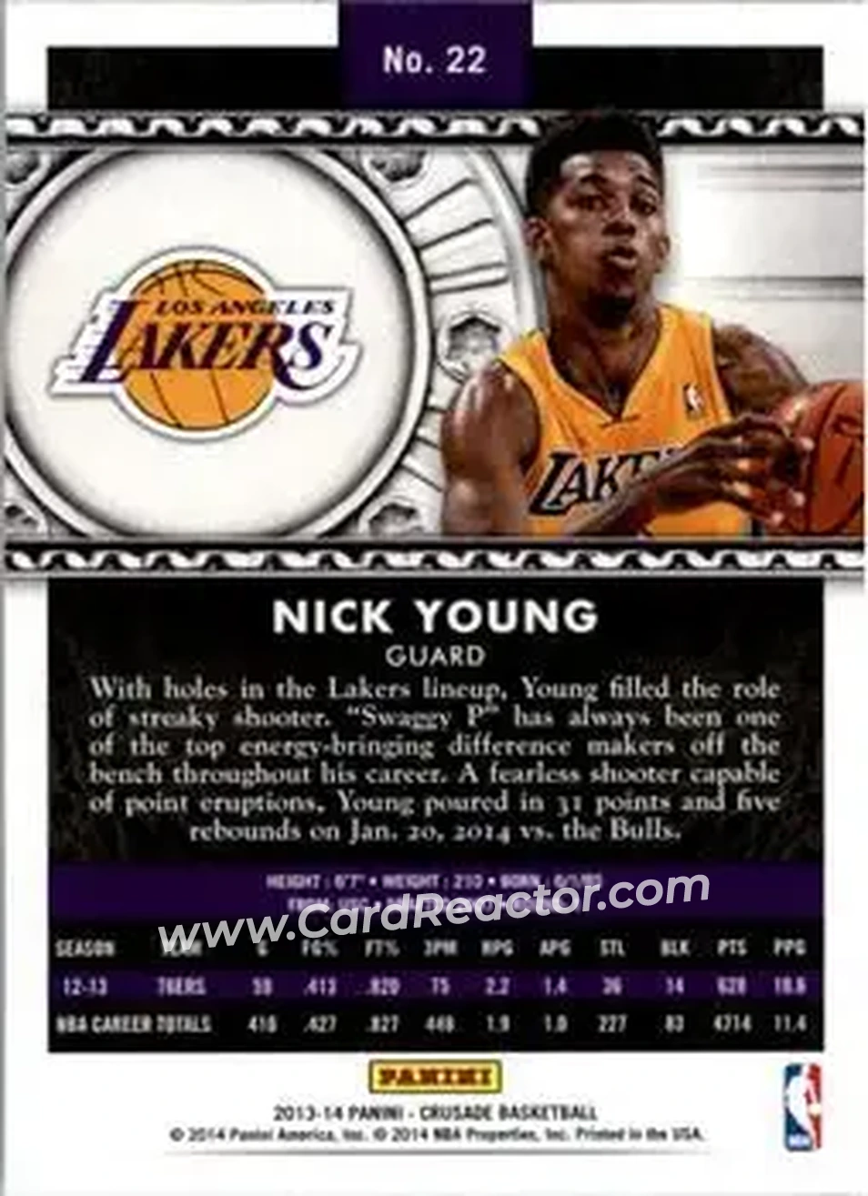2013-14 Panini Crusade #22 - Nick Young - Los Angeles Lakers - Back 2013-14 Panini Crusade #22 - Nick Young - Los Angeles Lakers - Back