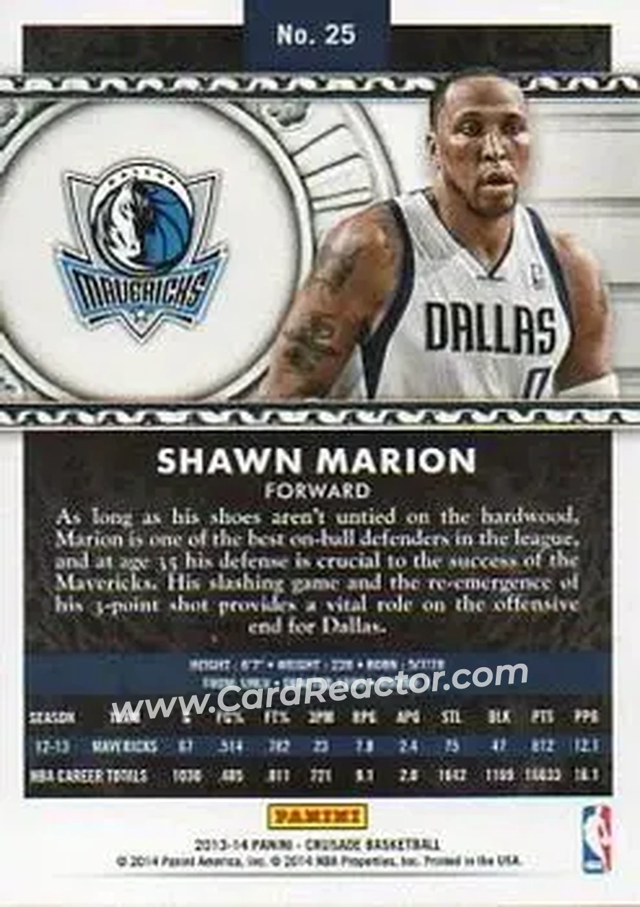 2013-14 Panini Crusade #25 - Shawn Marion - Dallas Mavericks - Back 2013-14 Panini Crusade #25 - Shawn Marion - Dallas Mavericks - Back