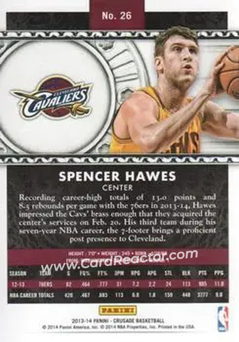 2013-14 Panini Crusade #26 - Spencer Hawes - Cleveland Cavaliers - Back 2013-14 Panini Crusade #26 - Spencer Hawes - Cleveland Cavaliers - Back