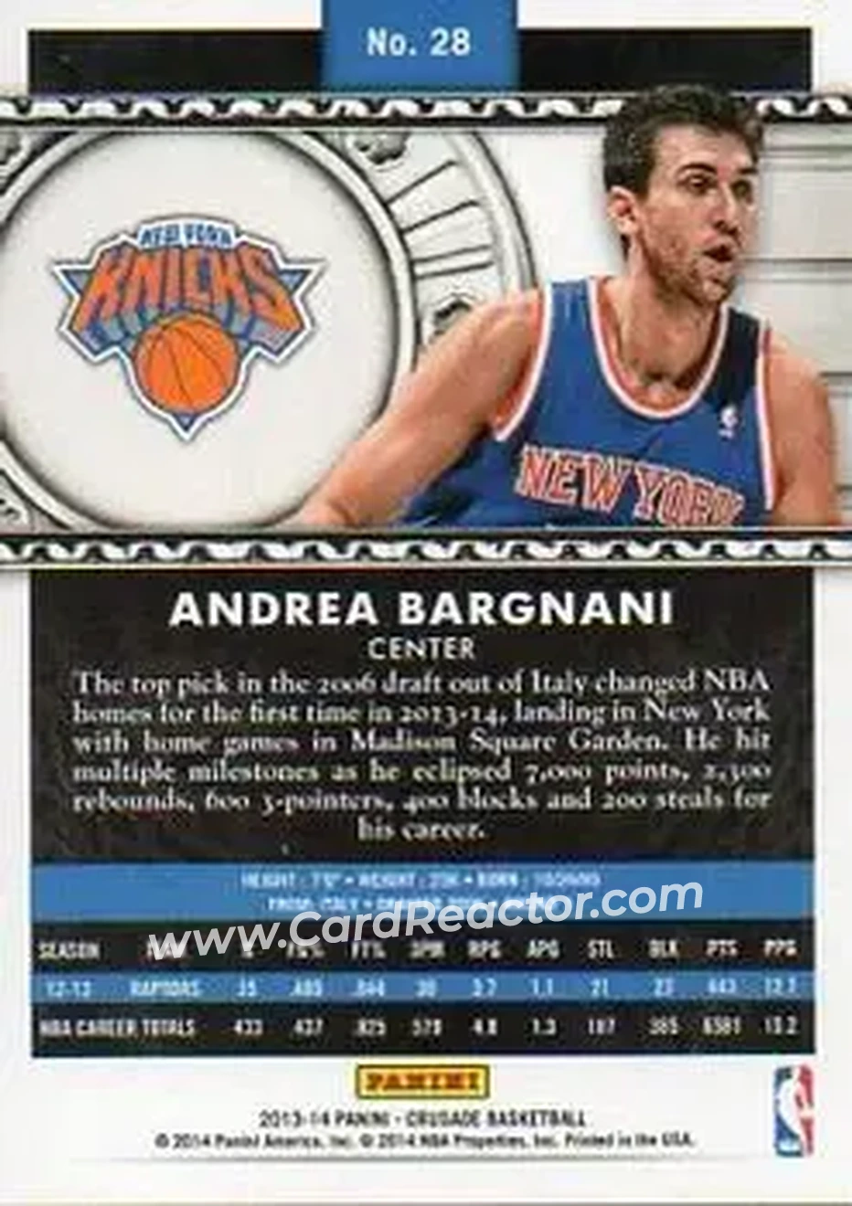 2013-14 Panini Crusade #28 - Andrea Bargnani - New York Knicks - Back