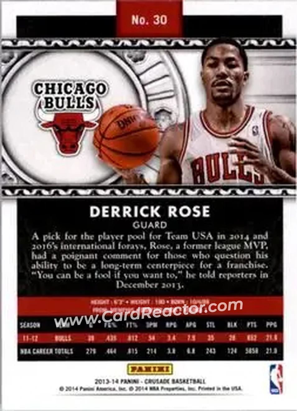 2013-14 Panini Crusade #30 - Derrick Rose - Chicago Bulls - Back