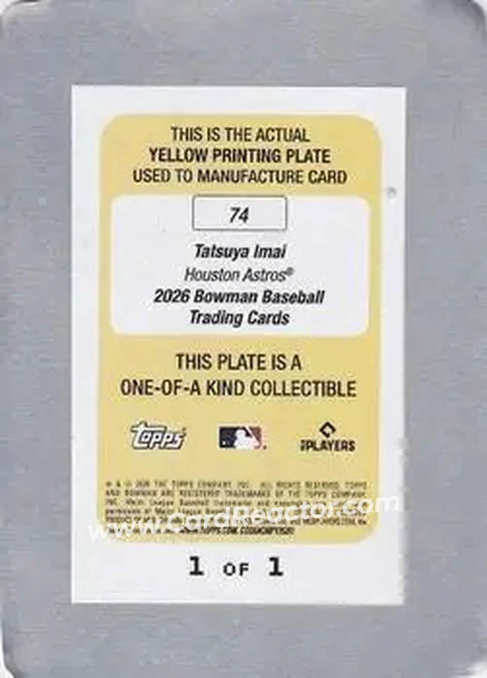 2026 Bowman - Printing Plate Yellow #74 - Tatsuya Imai - Houston Astros - Back