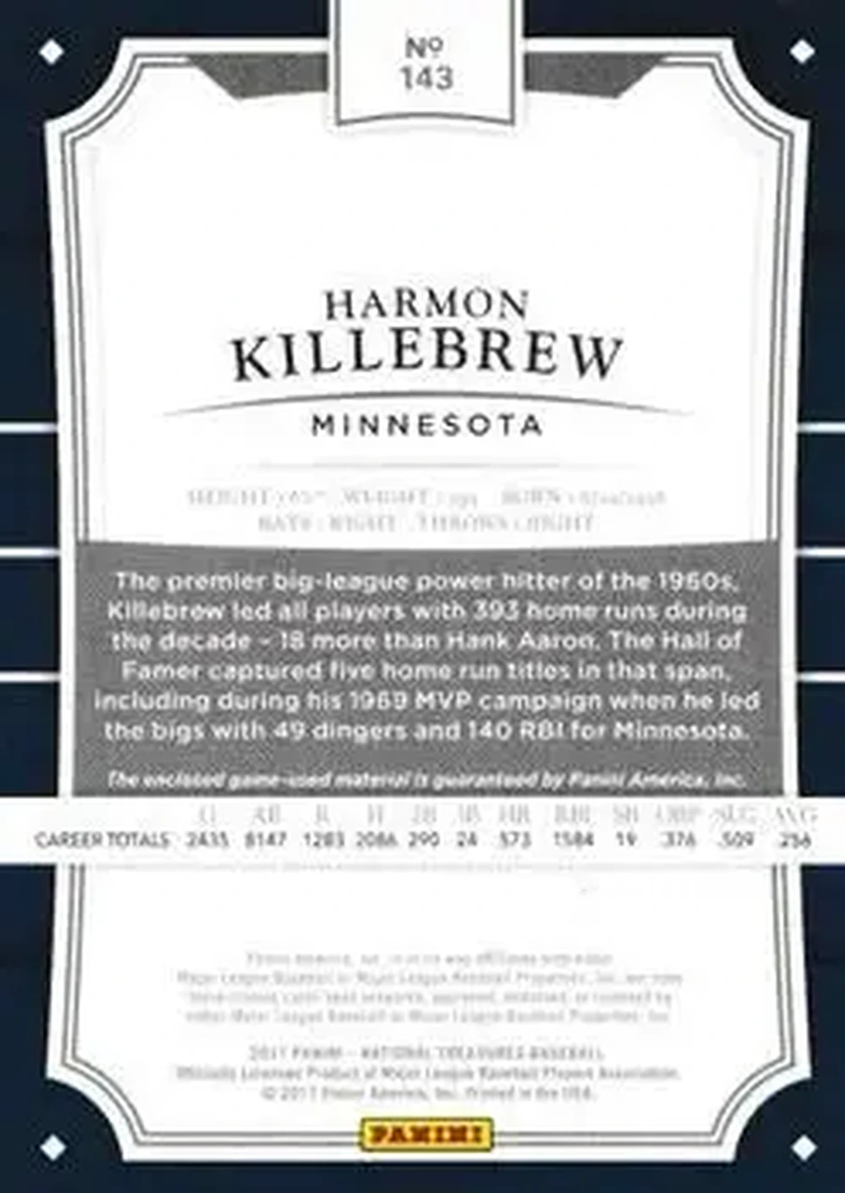 2017 Panini National Treasures - Gold #143 - Harmon Killebrew - Minnesota Twins - Back