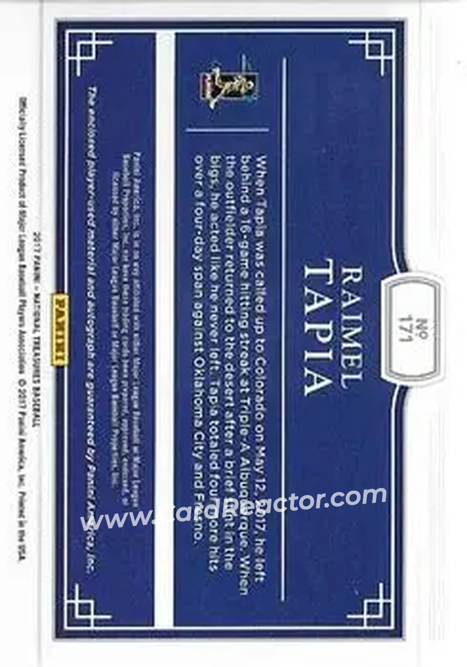 2017 Panini National Treasures - Gold #171 - Raimel Tapia - Colorado Rockies - Back