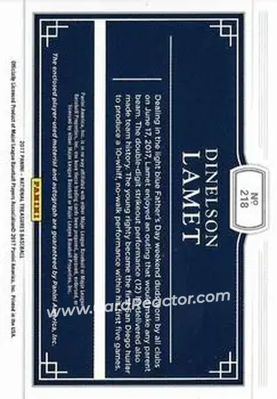 2017 Panini National Treasures - Gold #218 - Dinelson Lamet - San Diego Padres - Back 2017 Panini National Treasures - Gold #218 - Dinelson Lamet - San Diego Padres - Back
