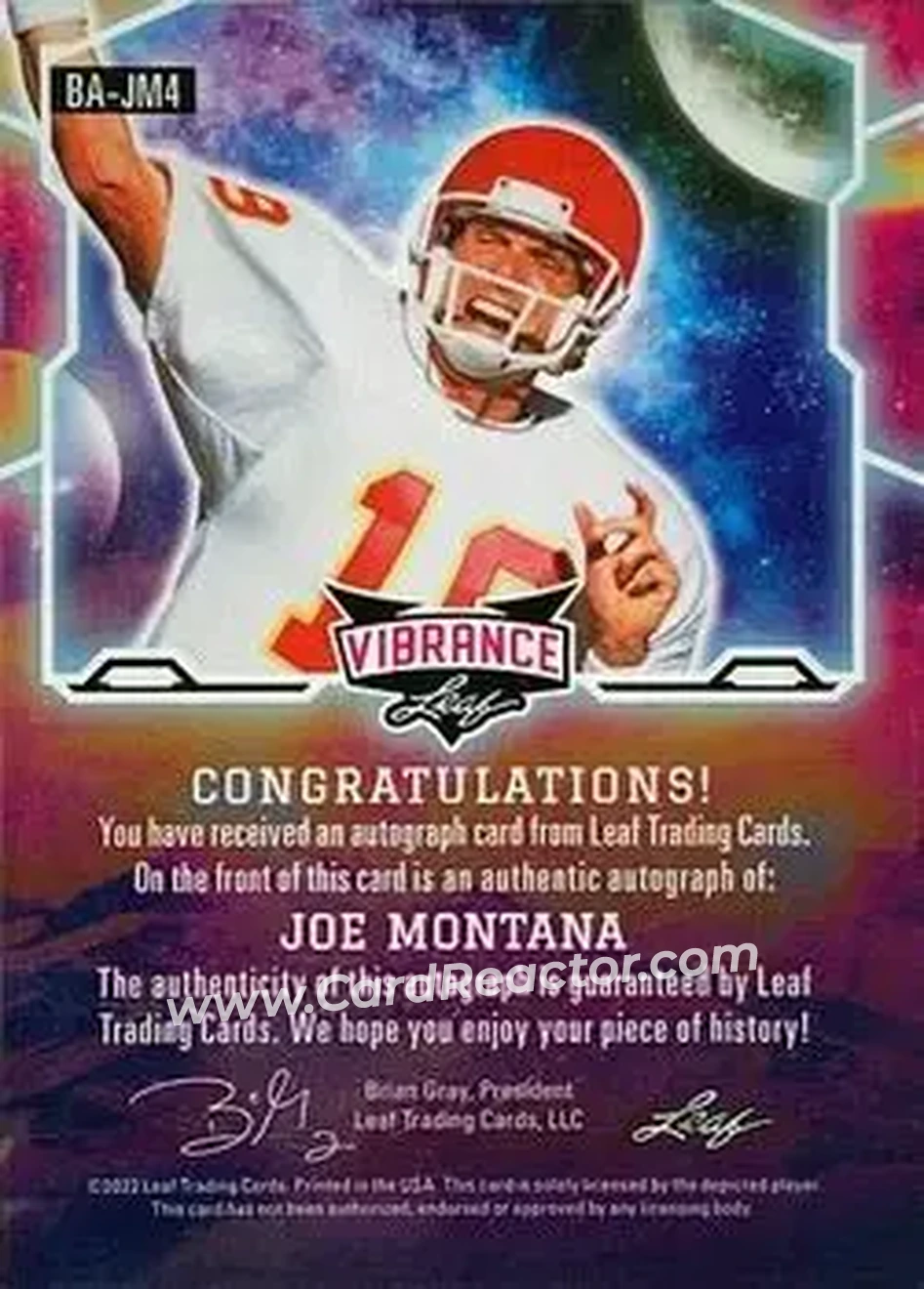 2022 Leaf Vibrance - Navy Blue Crystal #BA-JM4 - Joe Montana - Kansas City Chiefs - Back