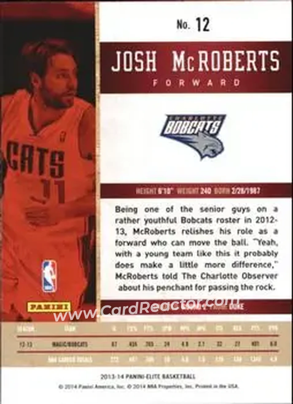2013-14 Panini Elite #12 - Josh McRoberts - Charlotte Bobcats - Back