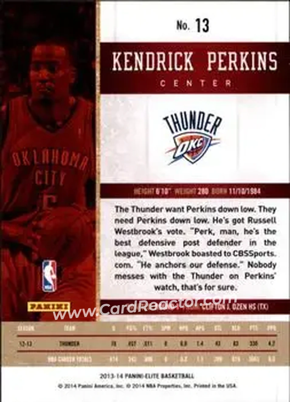 2013-14 Panini Elite #13 - Kendrick Perkins - Oklahoma City Thunder - Back