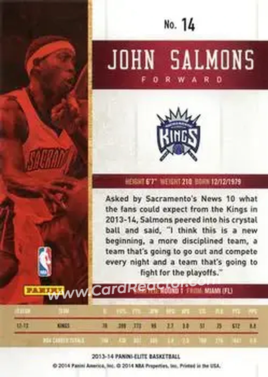 2013-14 Panini Elite #14 - John Salmons - Sacramento Kings - Back