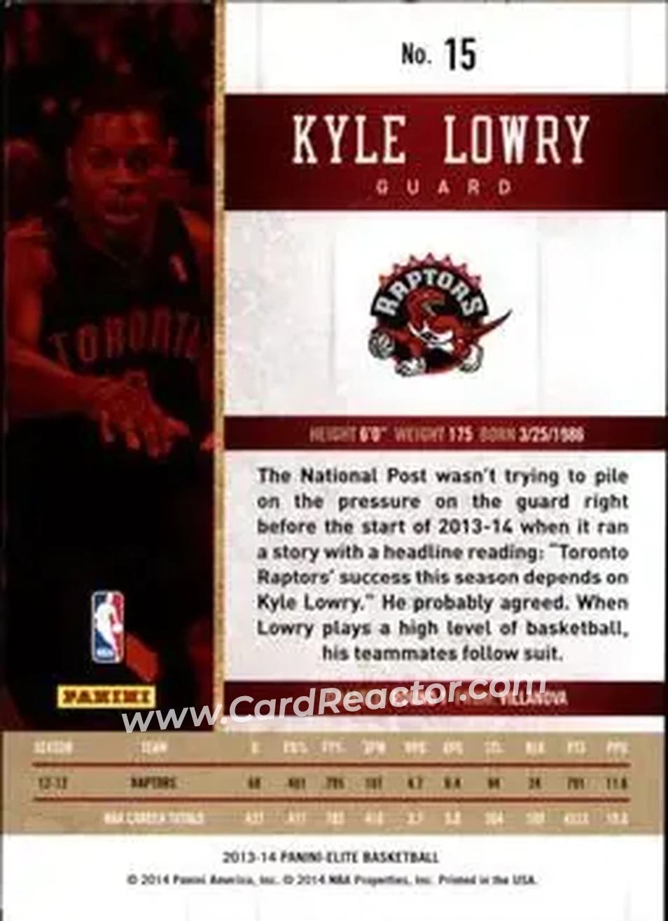 2013-14 Panini Elite #15 - Kyle Lowry - Toronto Raptors - Back