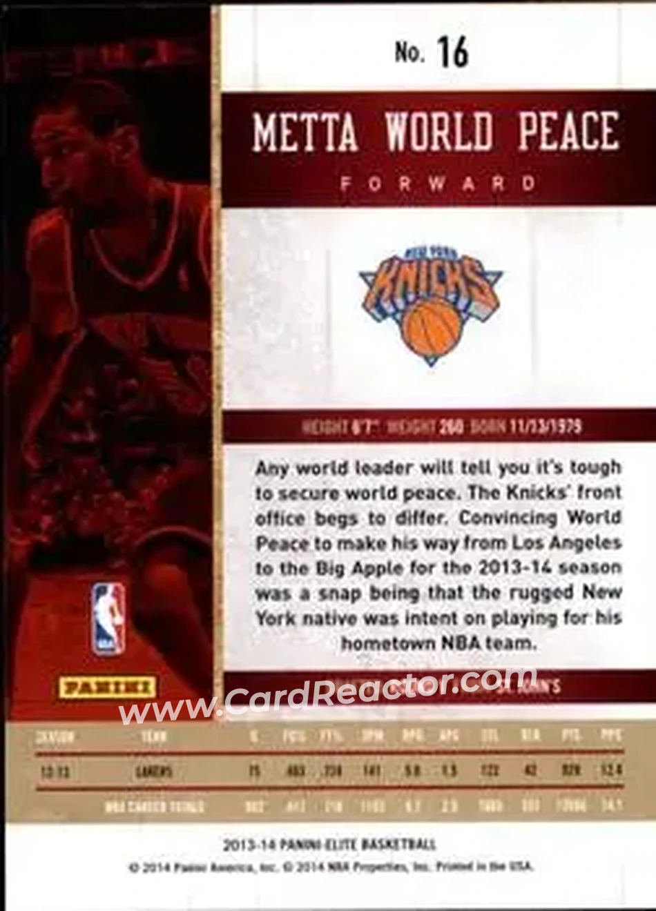 2013-14 Panini Elite #16 - Metta World Peace - New York Knicks - Back