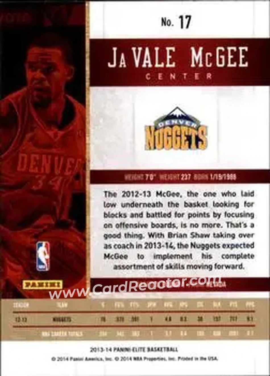 2013-14 Panini Elite #17 - JaVale McGee - Denver Nuggets - Back