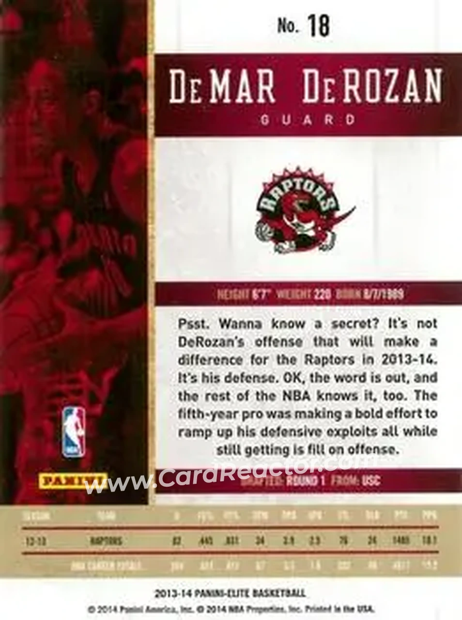 2013-14 Panini Elite #18 - DeMar DeRozan - Toronto Raptors - Back