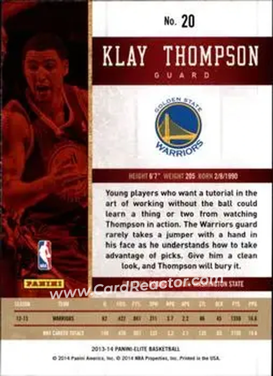 2013-14 Panini Elite #20 - Klay Thompson - Golden State Warriors - Back