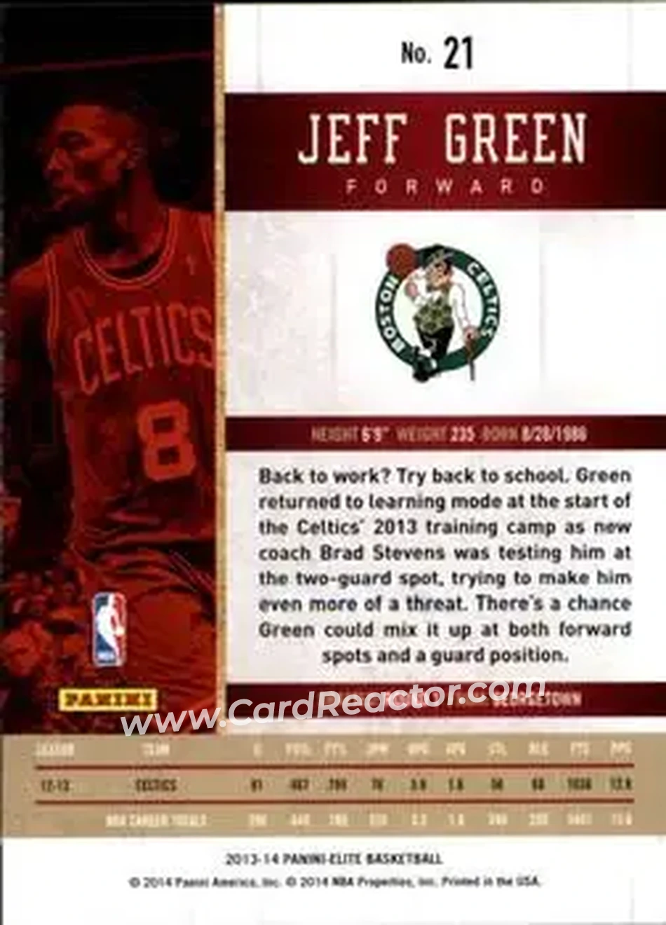 2013-14 Panini Elite #21 - Jeff Green - Boston Celtics - Back