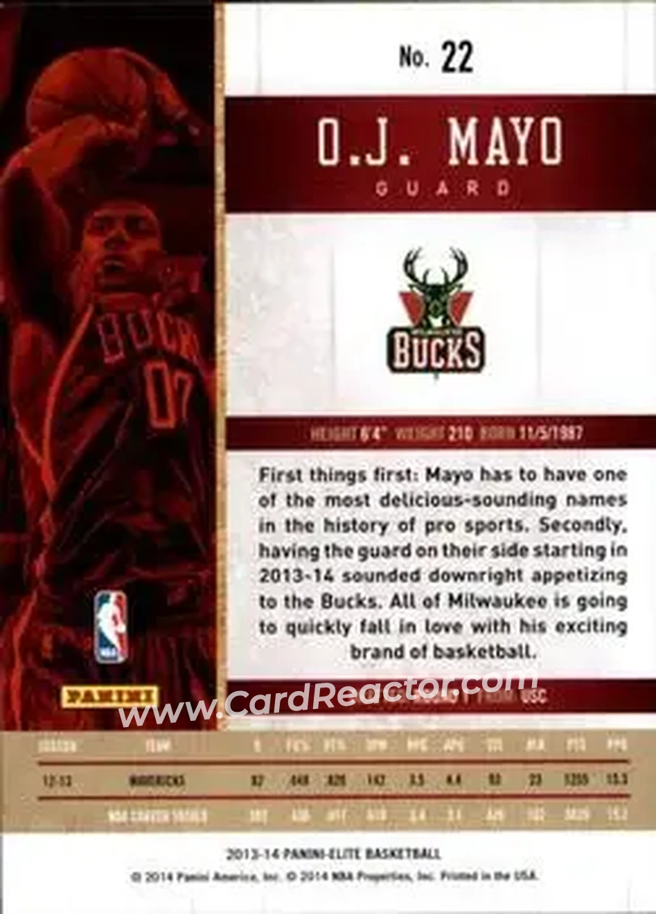 2013-14 Panini Elite #22 - O.J. Mayo - Milwaukee Bucks - Back