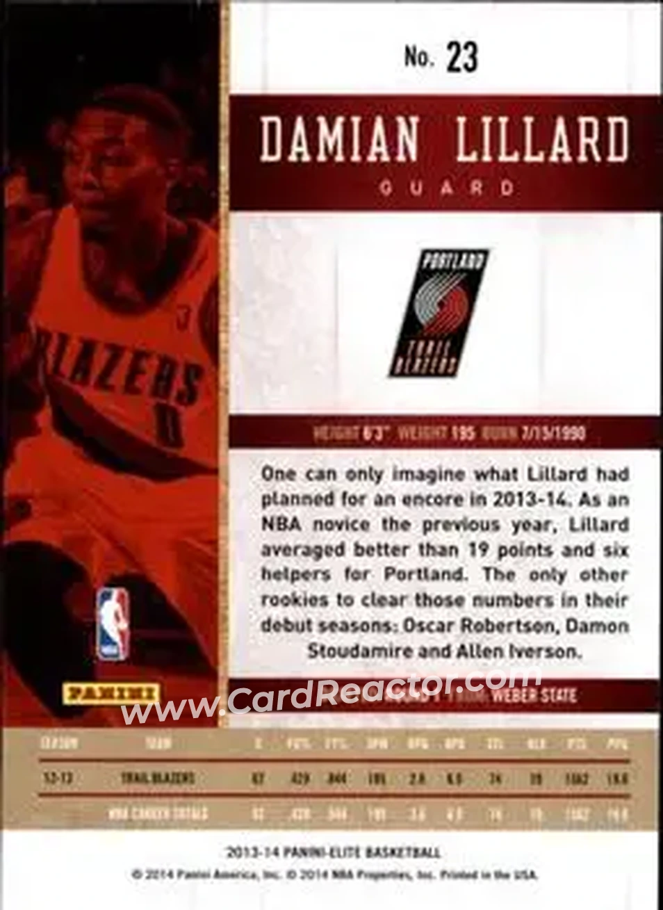 2013-14 Panini Elite #23 - Damian Lillard - Portland Trail Blazers - Back