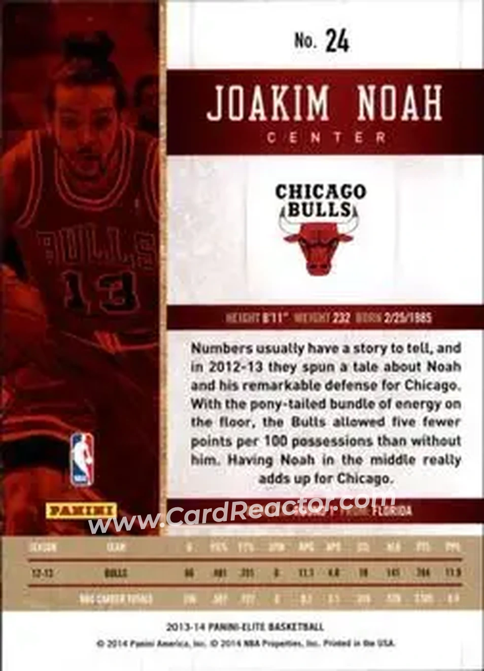 2013-14 Panini Elite #24 - Joakim Noah - Chicago Bulls - Back